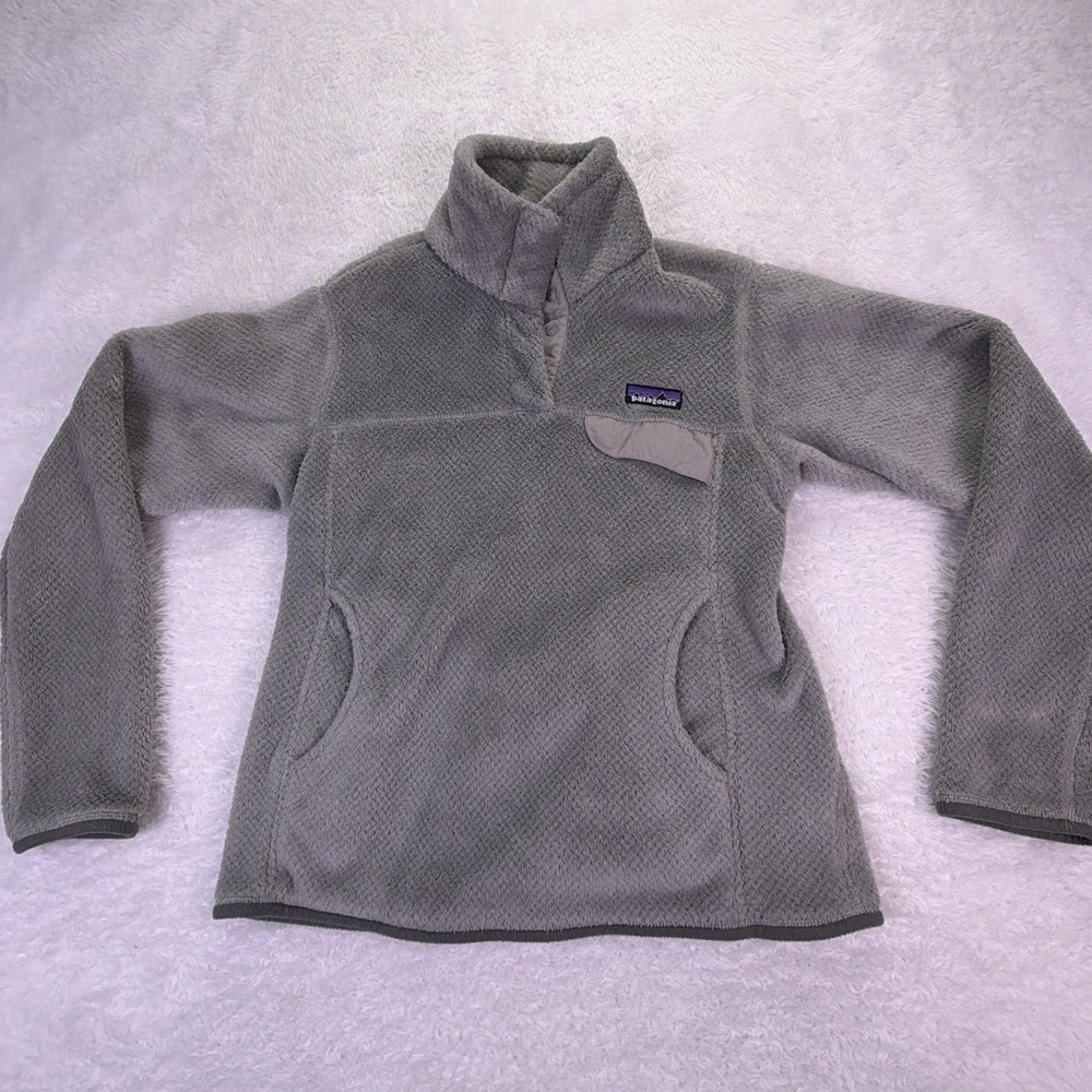Patagonia Sweater Women's Small Gray Pullover 1/4 Button Mock Neck Logo Fleece